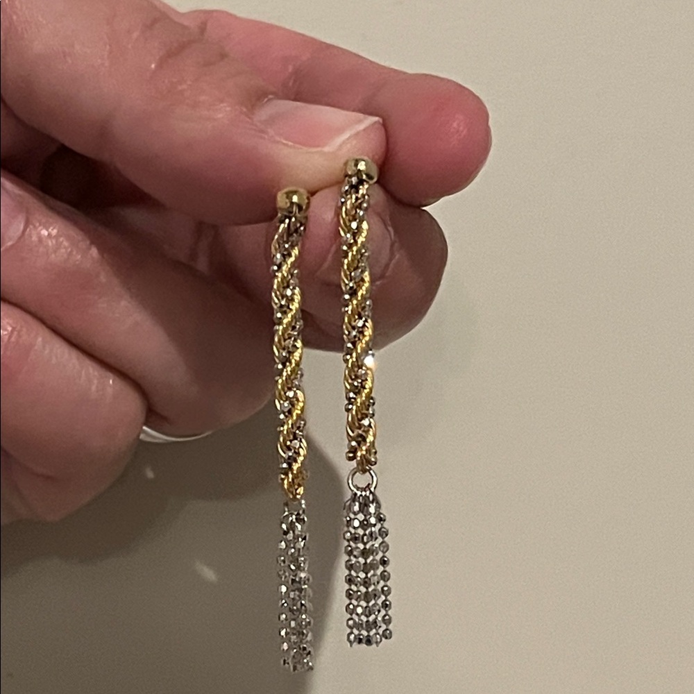 14K Yellow Gold + White Gold Twisted Rope Tassel Earrings, solid gold - Picture 13 of 17